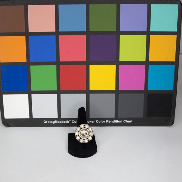 Adjustable Band Fashion Ring Size 6.5 Faux Diamonds Faux Pearls Faux Gold Band - Picture 15 of 15